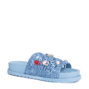 Lauren Lorraine Rose Slip-On Women's Flat Walking Shoes with Rhinestone & Rose Appliqué Open Toe Summer Casual Footwear