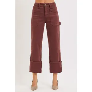 RISEN Full Size High Rise Wide Straight Cuffed Patch Jeans Plus Size