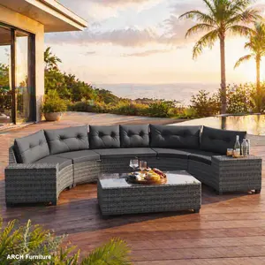8-Piece Hand-Woven Weatherproof PE Rattan Outdoor Patio Furniture Set - Curved Half-Moon Modular Sectional Couch with Multiple Seats, Rectangular Coffee Table, Movable Gray Patio Cushions, Easy Setup, Porch & Balcony Furniture Set, Outdoor Furniture Sets,