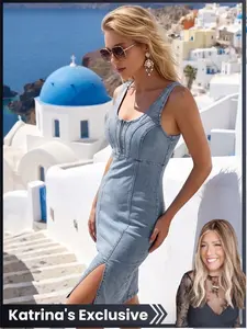 【Katrina Exclusive】Women's Mid-Length Light Wash Summer Denim Dress, Sleeveless Waist Cinch Bustier Bodycon Dress, Front Zipper Split Vintage Denim Skirt