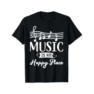 "Music Is My Happy Place" Graphic T-Shirt Unisex - Musical Notes & Treble Clef Statement Top - 2026 Classic Musician Aesthetic Apparel - Loose Fit Casual Short Sleeve Shirt - Unique Singer Gift Idea Crew Neck Tee