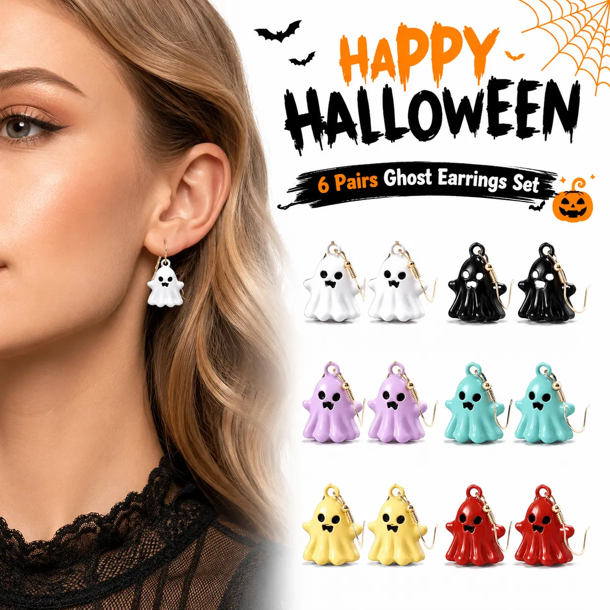 6 Pairs Halloween Ghost Earrings for Women Funny Cute 3D Enamel Ghosts Lightweight Spooky Dangle Drop Earrings for Gothic Cosplay Party Holiday Costume Fashion Jewelry Gift