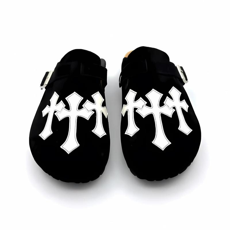 Saint Clogs Gothic Cross Buckle Clogs – Black Suede Slip-On Sandals for Men & Women | Comfortable Streetwear Shoes