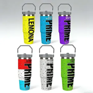 1pc 30oz PRIME theme Portable stainless steel insulated water bottle,Multiple patterns are available for selection,The water droplet graphics on the surface emphasize its "cooling" and hydration function.Very suitable for outdoor camping