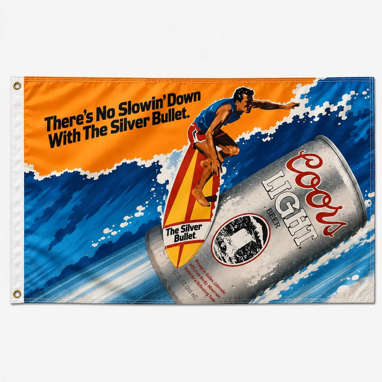 Coors Light Silver Bullet Surfing Flag 3x5 Ft, Vintage Beach Beer Banner, Retro Surfer Wall Decor, Summer Party Outdoor Flag, Man Cave Decor, Poolside Patio Banner, Coastal Beach House Decoration, Gift for Beer Lovers