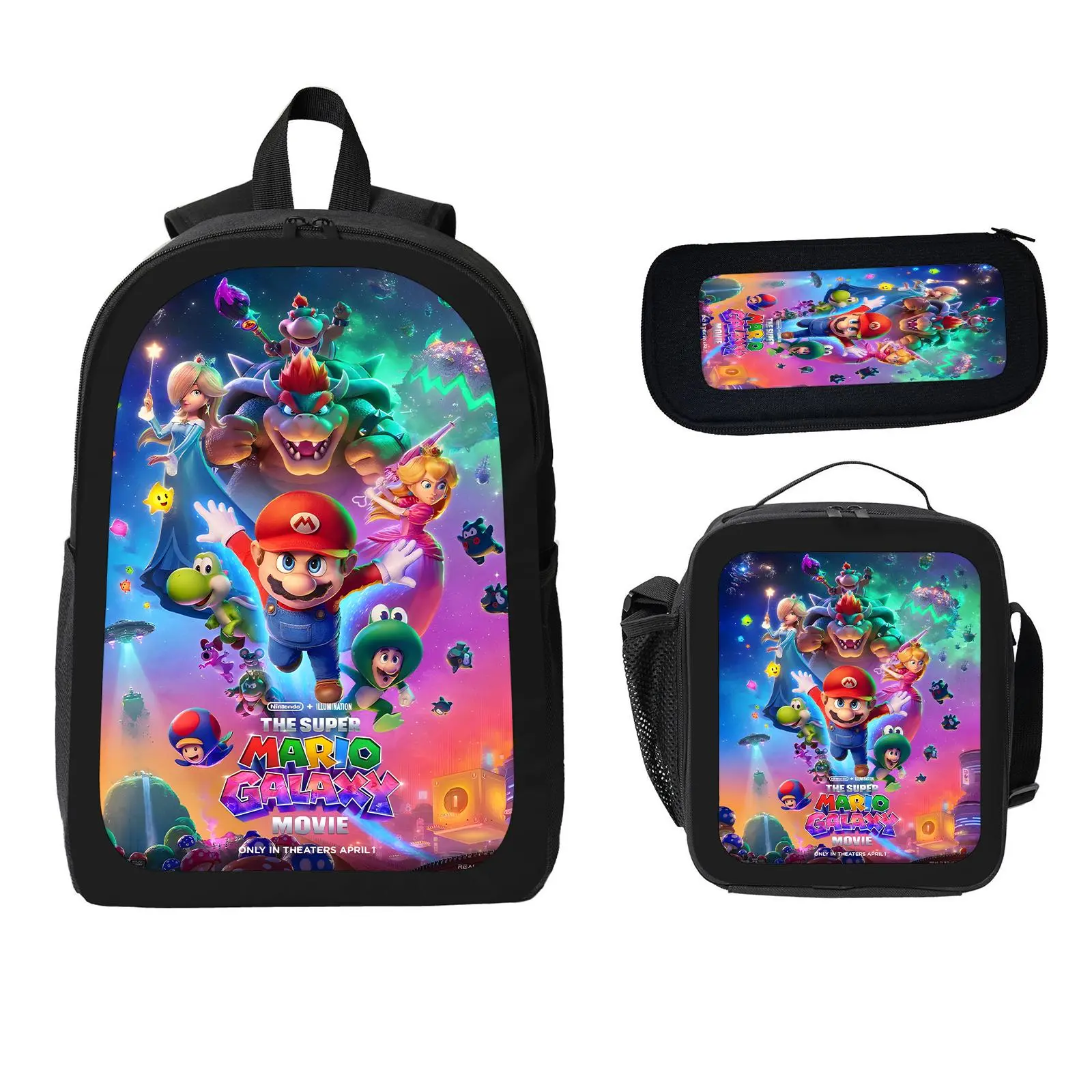 Super Mario 3 Pcs School Backpack Set for Boys Girls Kids, Large Capacity Bookbag with Insulated Lunch Bag Pencil Case, Water Resistant Travel Daypack for Elementary Middle School c-81