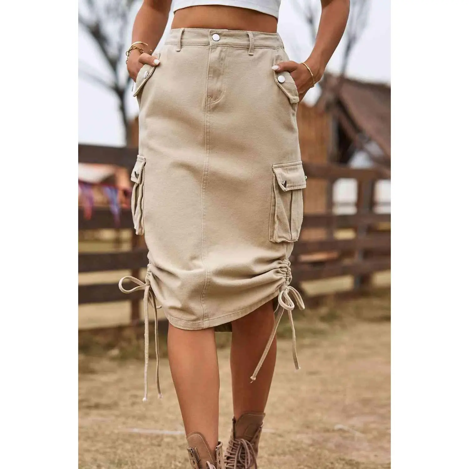 Drawstring Denim Cargo Skirt