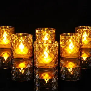 12-Pack 2"x2" Acrylic Votive Candle Holders with Auto-Timer Flameless LED Tealights, Battery-Powered Artwork Novelty Lighting for Wedding Centerpieces, Table Decor (Gold Base)