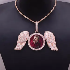 Custom Hip Hop Memory Photo Pendant Necklaces Iced Out Large Angle Wings Circle Zircon Picture Frame Pendant Jewelry Personalized Angel
