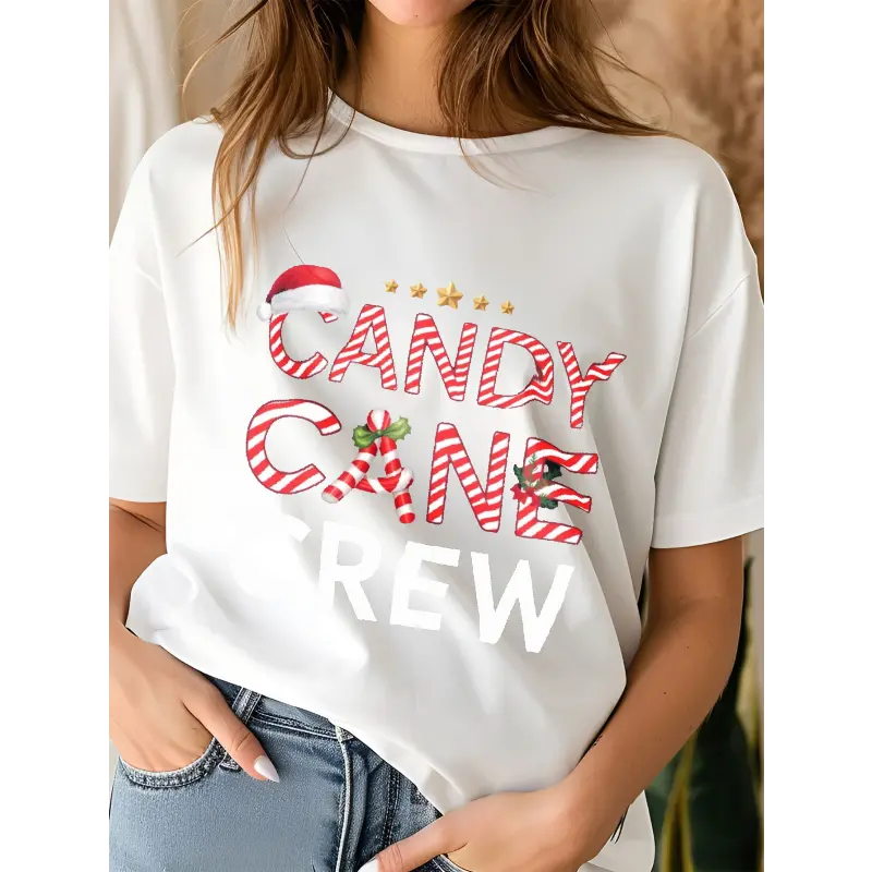 Women's Christmas Candy Cane Crew T-Shirt - 100% Short Sleeve Round Neck Casual Holiday Tee with Festive Candy Cane & Candy Cane Print, Red & White Stripes, Golden Stars & Peppermint Bow Design - All-Season Comfort Fit for Christmas Party Outfits