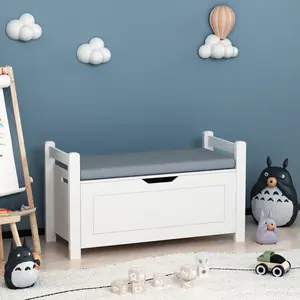 Kids Toy Box with Cushion Seat, Large Storage Chest with Safety Hinge, Wooden Toy Organizer Bench for Playroom & Bedroom