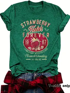 Women's Casual Short Sleeve T-Shirt, Strawberry Graphic Print, Soft Breathable Fabric, Round Neck, All Seasons Wear