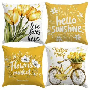 4pcs Spring Pillow Covers 18x18 Inch Polyester Blend Hello Sunshine Tulips Throw Pillow Covers Spring Summer Farmhouse Decorations Yellow Bike Flowers Cushion Covers for Sofa Couch Bed (Pillow Insert Not Include)