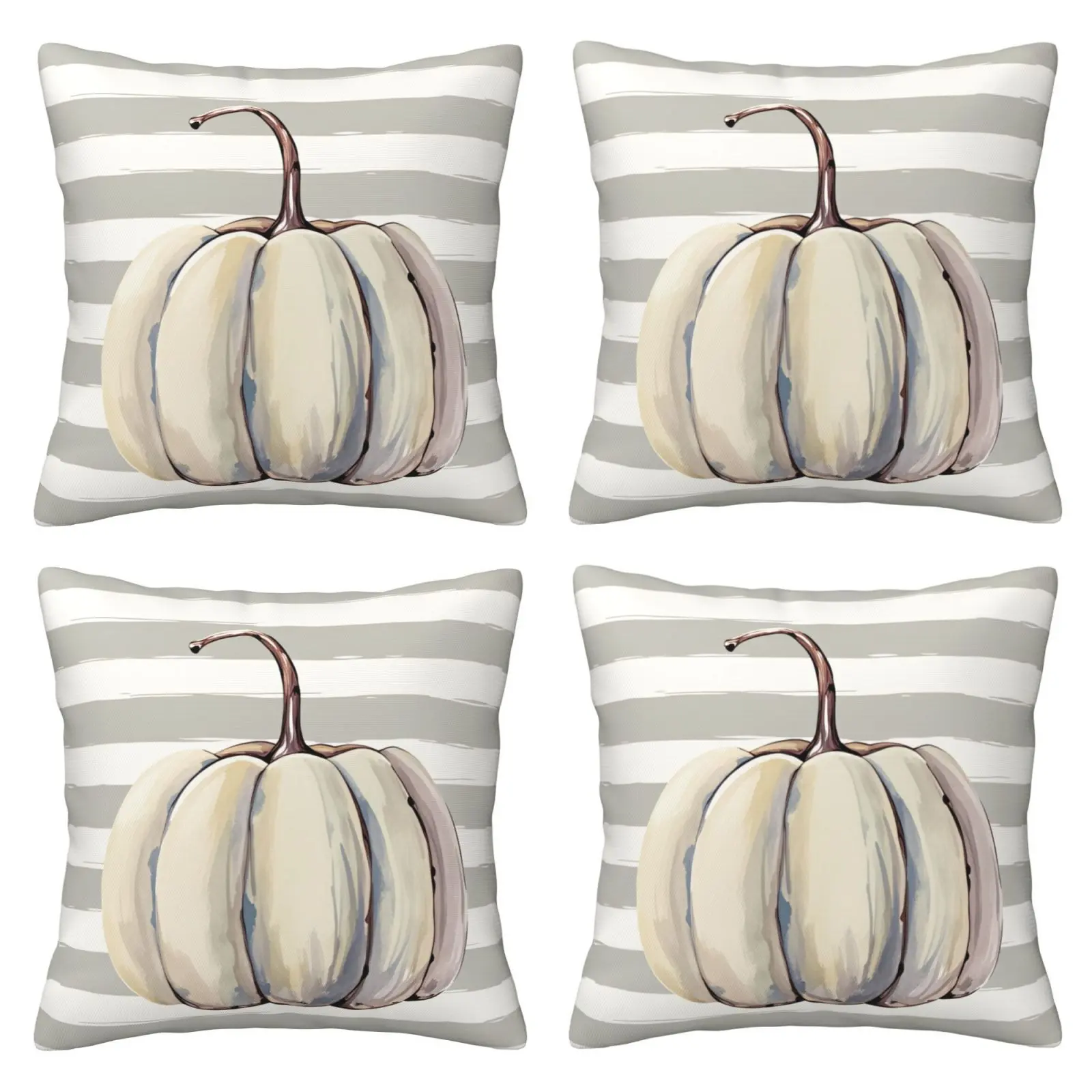 Autumn Pillow Set with Grey Pumpkin Pattern Pillow Set, Grey Striped Autumn Outdoor Decorative Square Farmhouse Harvest Decorative Cushion Set, Suitable for Home Sofa Beds, 4-piece Set with Double sided Printing