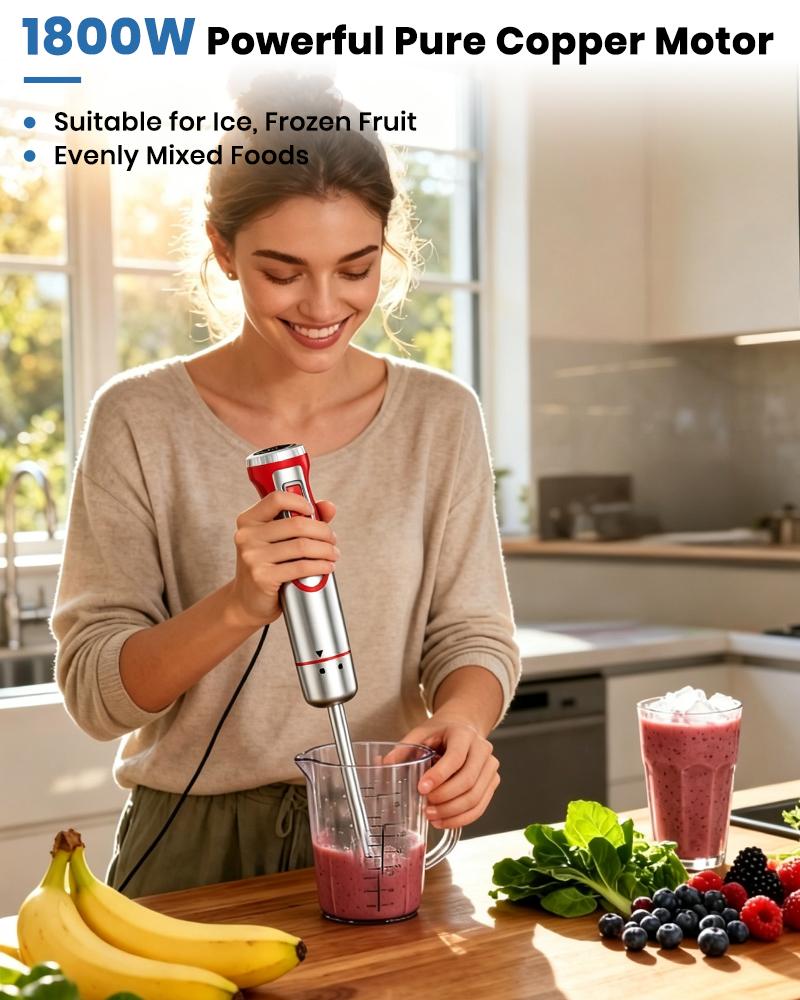 ODIFORGO Red 4-in-1 Immersion Hand Blender, 8-Speed Stick Blender with Whisk, Chopper, Beaker, Stainless Steel Blade for Smoothies, Soup, Everyday Mixing, Immersion Blender