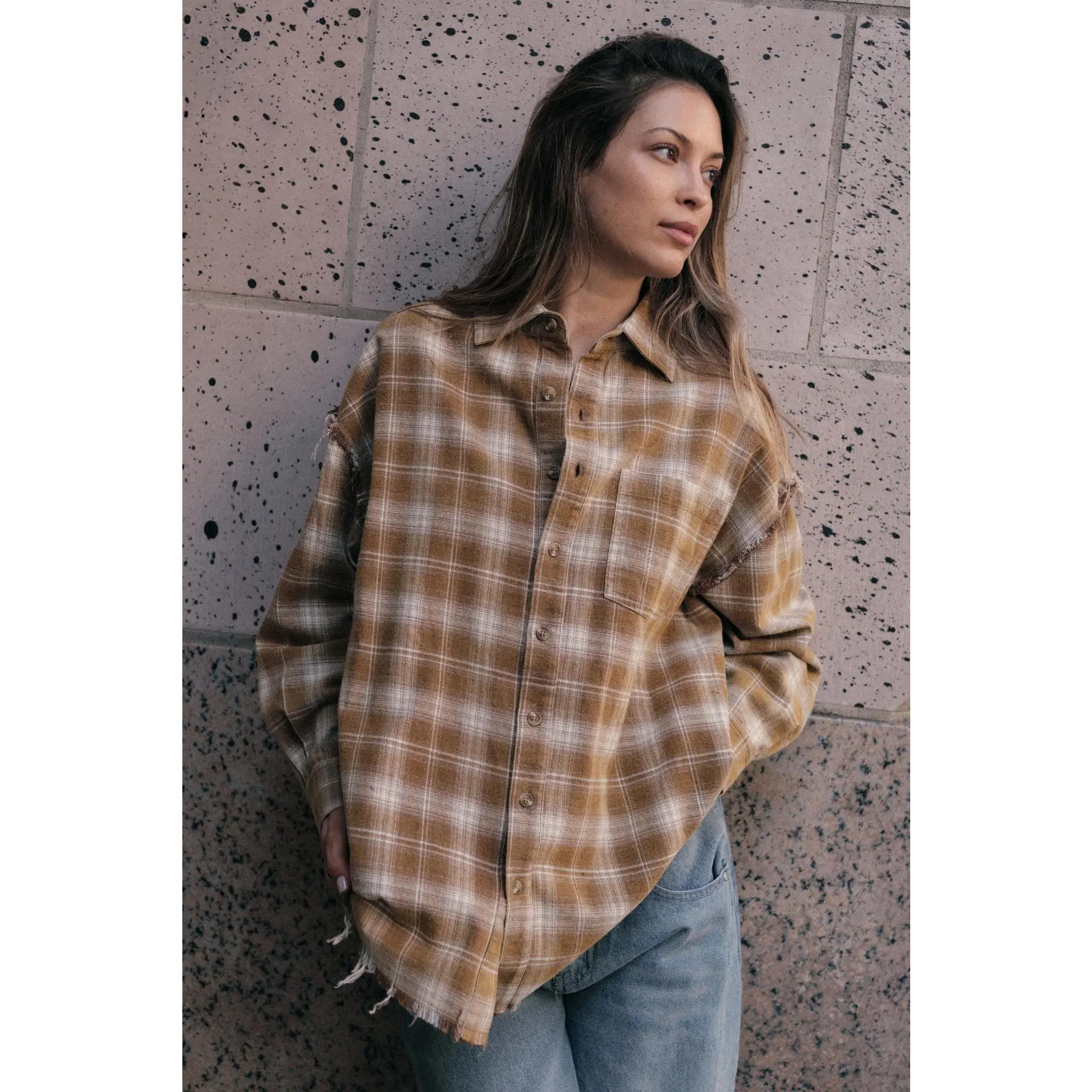 Grunge Era Oversize Raw-Edge Plaid Flannel Shirt