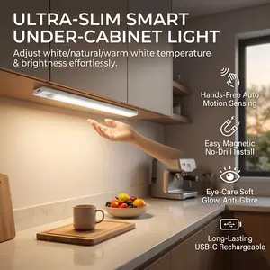 Ultra Slim Under Cabinet LED Lighting 6 Pack 20cm 30cm Motion Activated 3 Modes AUTO ON OFF 3 CCT Adjustable Dimmable USB Rechargeable Magnetic No Drill Lights for Kitchen Counter Closet Garage Stairs