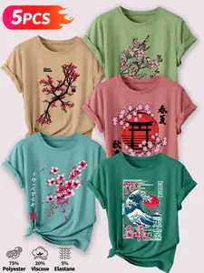 Women's 5Pcs Crew Neck T-Shirts, Japanese Cherry Blossom & Kanagawa Wave Themed Print, Multiple Colors Available, Machine Washable, Spring & Summer Tops, Soft Skin-Friendly Fabric, Daily Versatile, Fashion Design