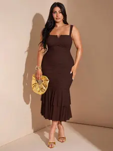 KymLuxe Sexy Plus Size V-Neck Ruched Ruffle Hem Midi Bodycon Dress Vacation Party Elegant Curve Dress