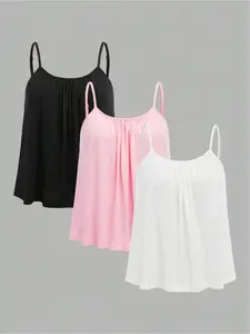 【Plus Size】 Solid Color/Leopard Print Curved Hem Sleeveless Ruched Bust Cami Top, Basic Casual Adjustable Spaghetti Strap Top for Summer, Women's Plus Clothing for Daily Wear