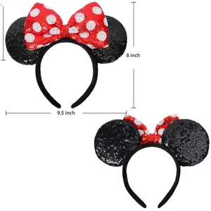Mouse Ears Headbands for Women Girls Boys Shiny Bow Sequin Ears Cosplay Costume Party Decorations Hair Accessories Polka Dots Fluffy Elastic One Size Fits All