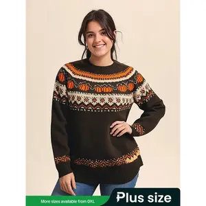 Women’s Halloween Loose-Fit Casual Sweater, Plus Size Pumpkin Pattern Pullover, Crew Neck Long Sleeve Knitwear, Women’s Fashion