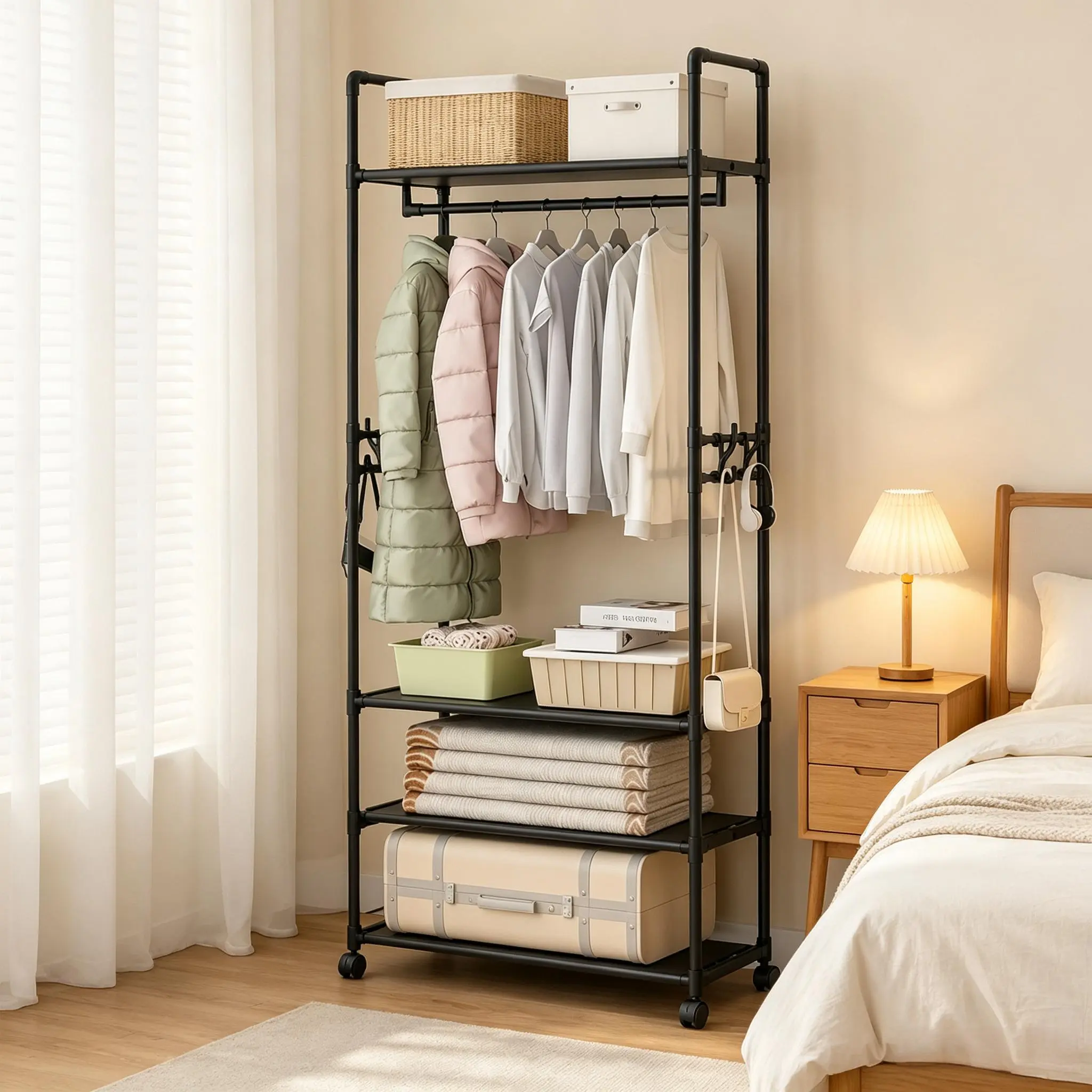 2026 New Freestanding Rolling Garment Rack Portable Closet Organizer Multi-Functional Clothing Rack with Wheels Heavy Duty Coat Hanger Stand with Top Shelf Side Hooks Bottom Shoe Storage Tiers for Bedroom Dorm Space Saving Minimalist