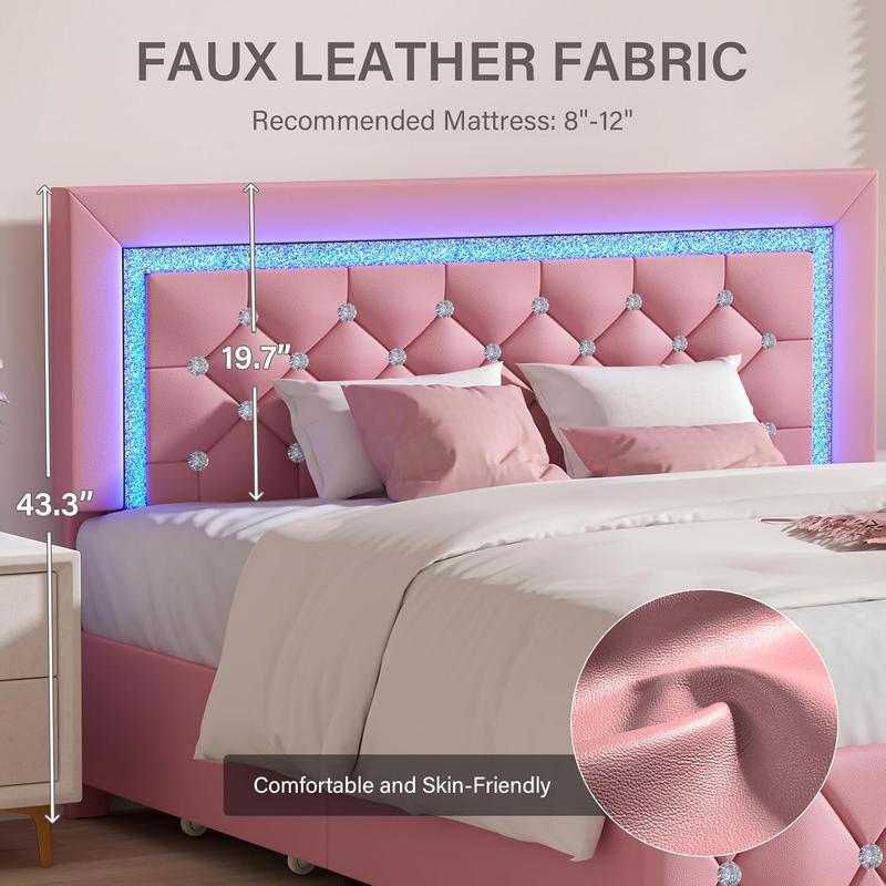 HOMBCK Bed Frame with Lights and Drawers,  No Mattress,  Diamond Headboard, Faux Leather, Modern Style, No Box Spring Needed, Easy Assembly