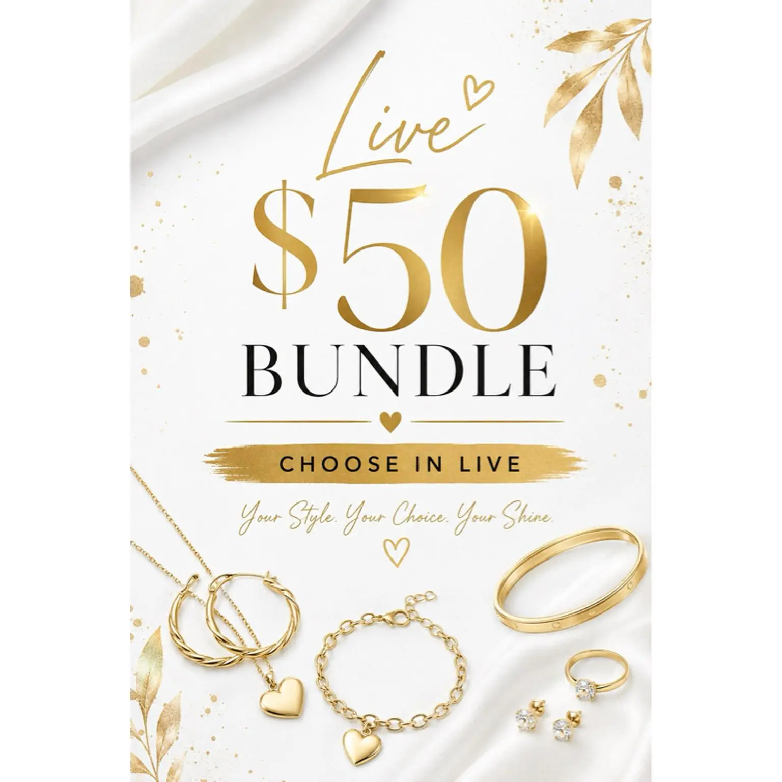 Live $50 Bundle - Choose Your Style with Gold Heart Necklace, Bracelet, Ring, and Earrings for a Shiny Look