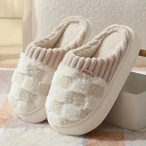 Plaid Design House Slippers for Men & Women, Cozy Cashmere Lined Cotton with Non-Slip Rubber Sole for Indoor Wear, Non Slip Slippers, Plaid Design Slippers, Anti Slip Women's Fashion Slippers