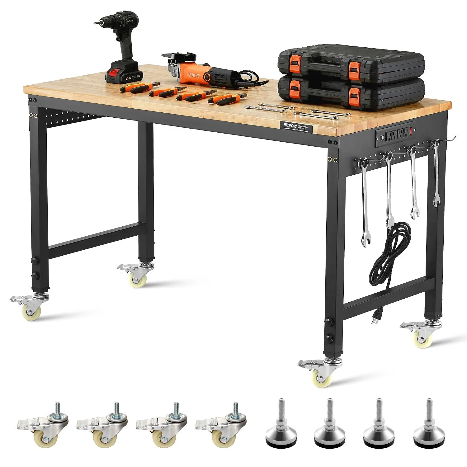 【summerfinds】VEVOR 48-Inch Heavy Duty Adjustable Workbench, 2000 lbs Load Capacity, 48x24x39.5 in Oak Wood Top, Carbon Steel Build, Power Outlet, USB Ports, Wheels, Pegboard, for Garage, Workshop, Repair Use