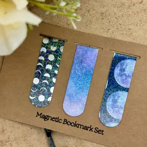 Magnetic Bookmark Set of 3 - Moon and Galaxy Themed, Magnetic Design, Ideal for Book Organization bookish small business decorative bookmark, Book Accessories