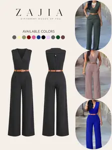 Sexy Pocket Women's Clothing, High Waisted V-Neck Wide Leg Pants, Irregular Jumpsuit with Belt, European and American Style Womenswear