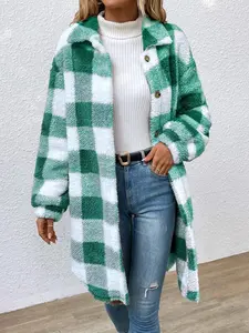 Women's Plaid Print Button Front Drop Shoulder Plush Coat, Tops, Casual Long Sleeve Collared Outerwear for Fall & Winter, Ladies Clothes for Daily Wear
