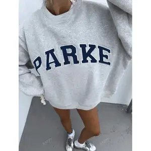 Casual Letter Print Oversized Pullover Sweatshirt Loose Round Neck Long Sleeve Hoodie Suitable for Airport and Back-to-School Season Autumn Clothing Womenswear Knitted