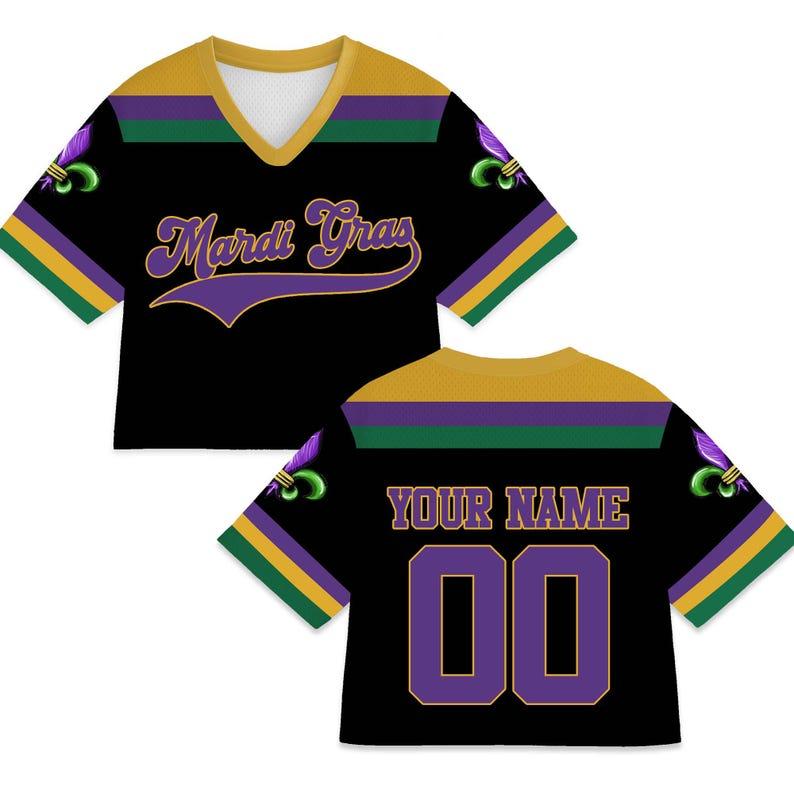 Personalized Mardi Gras Crop Top Football Jersey, Custom Name Mardi Gras Football Jersey, Jersey Uniform For Football Fans Mardi Gras Outfit