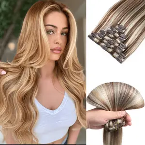 KingSup Clip in Human Hair Extension Real Hair Double Weft 12A Brazilian Clip in Hair Extensions Human Hair 120g Straight Blonde Clip ins Hair Extensions #P4/613 Medium Brown with Blonde