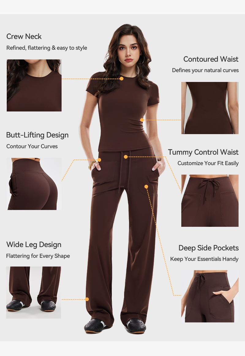 Airfree 2-Piece Workout Set, Shaping Support, Breathable Quick-Dry, Athletic Women&rsquo;s Crew Neck T-shirts Straight-leg Pants 30'', 32.5'' Inseam Tracksuit Set, Regular/ Tall Girls Friendly for Yoga, Gym, Workout, Running, Gym Workout Clothes Athleisure Wear
