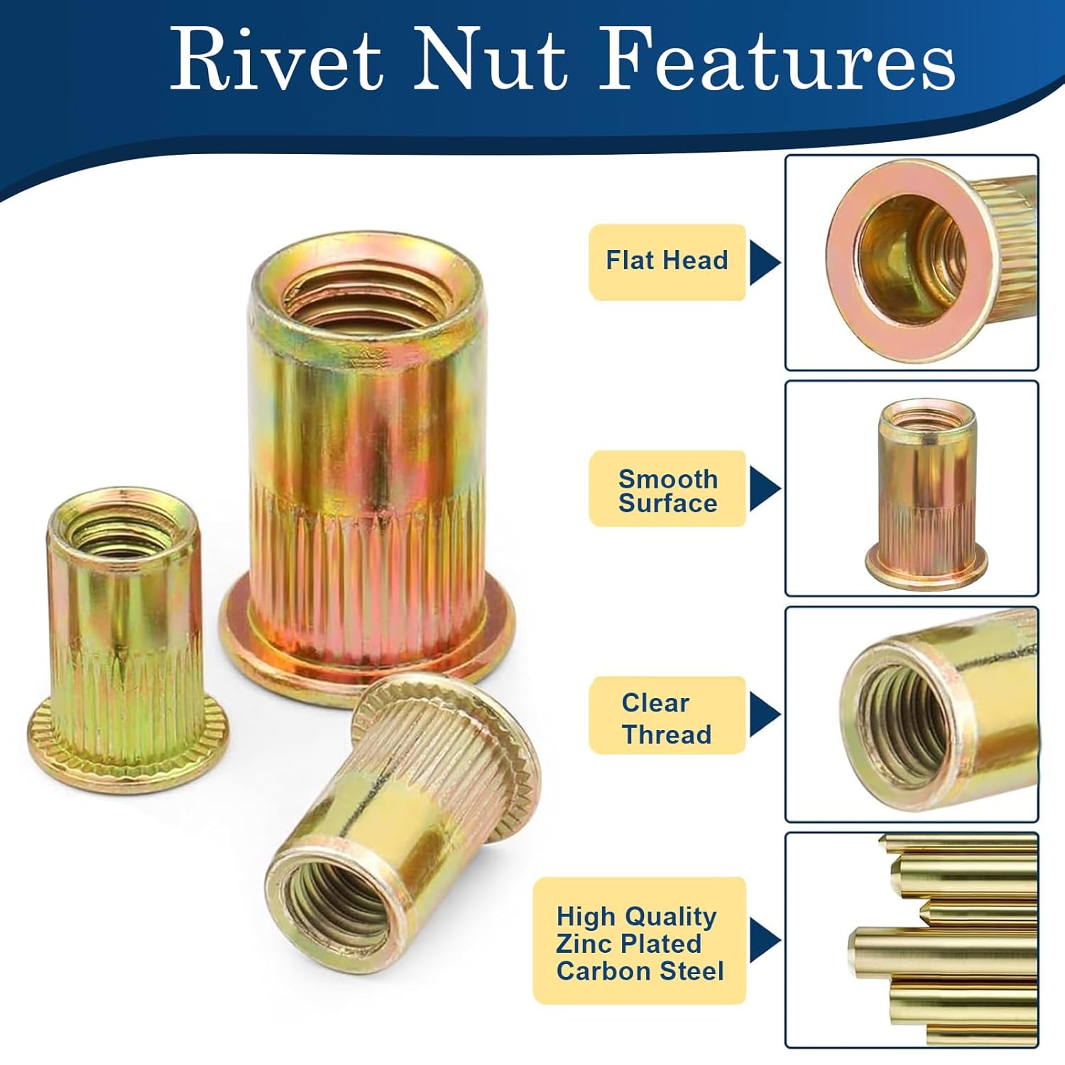 1/4 Rivet Nut, 115Pcs Carbon Steel Zinc Rivet Nuts 1/4-20, 1 4 20 Threaded Insert Rivnut, Flat Head 1 4 x 20 UNC Rivets Nutsert, 1 4 RIV Nuts