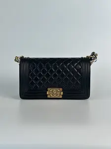 Pre-owned CHANEL calfskin Crossbody bag Le Boy black/gold Quilted