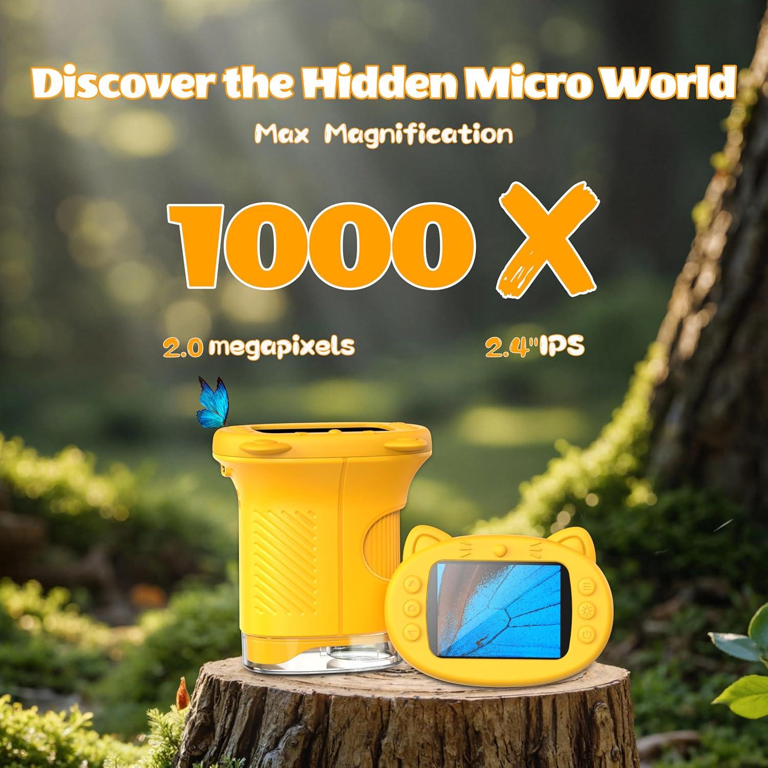 Kids Handheld Digital Microscope & Magnifying Glass, 2.4" Screen 50-1000X Zoom Portable Microscope with 8 LED Lights, Rechargeable Photo Video Nature Exploration Toy, Educational Science Gift for Boys Girls Ages 3-12