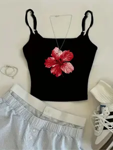 Women's Hibiscus Flower Print Crop Cami Top, Adjustable Spaghetti Strap, Slim-Fitting Short Sleeveless Design, Perfect for Casual & Festive Occasions