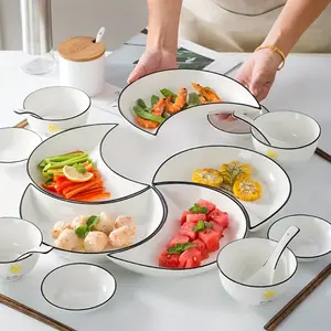 Ceramic dinner platter set, reunion table platter, moon-shaped hot pot serving plate, ceramic plate arrangement set, suitable for New Year celebrations, applicable for family hot pot parties, picnics, camping and barbecues.