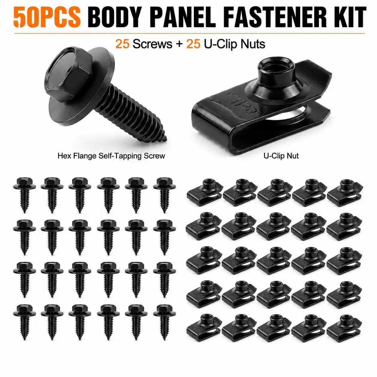 50PCS Automotive Body Bolt and U-Clip Nut Kit, 25 Black Steel Hex Flange Screws, 6mm Thread, 30.2mm Length, for Fender Liner, Bumper, Splash Shield and Engine Cover