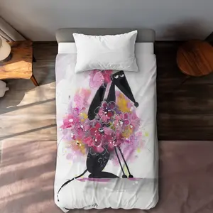 Begin Home Decor C1DCTSW034RJZ8 Cartoon Dog with Pink Flowers Twin Size Duvet Cover - Kids Home Decor