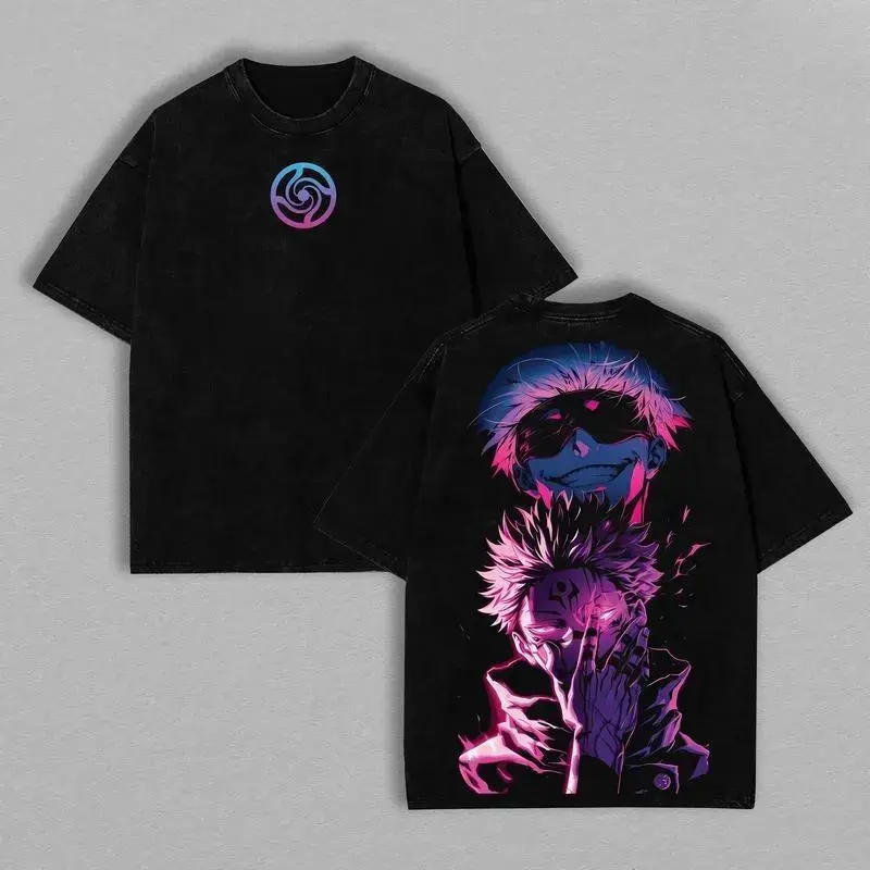 Menswear Jujutsu Kaisen Vintage Oversized Distressed Short-Sleeve Heavy Cotton Tee - Gojo Satoru x Ryomen Sukuna Streetwear Top, JJK Anime Shirt, Shortsleeve, Tshirts, Round Neck, Anime Art Style Men's Short-Sleeve T-Shirts, Whimsical Vibe