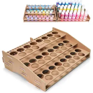 Wooden Paint Organizer & Paint Brush Holder, for 44 Bottles & 22 Brushes Storage - Craft Acrylic Miniature Paint Rack
