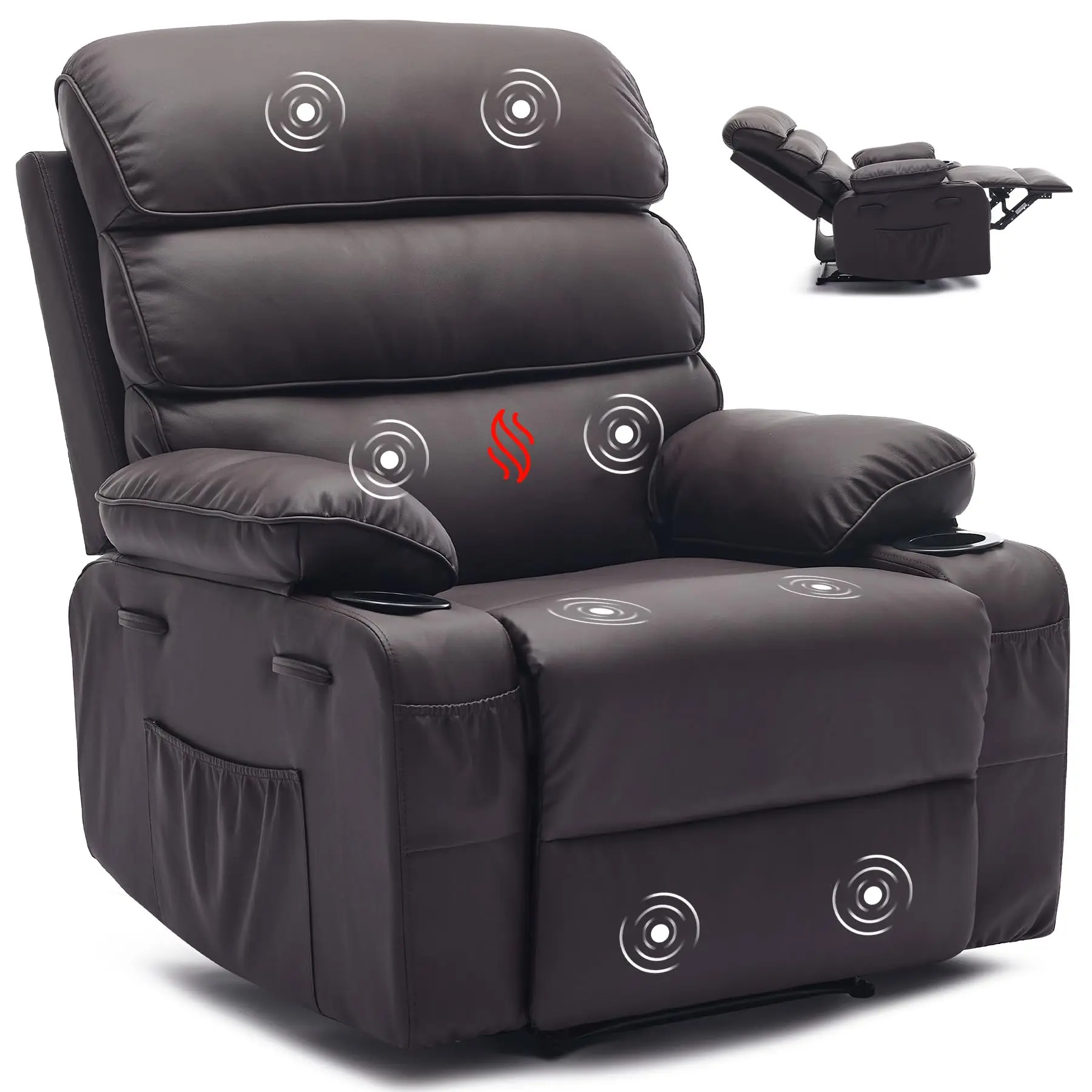 Oversized Power Swivel Recliner Chair - 360° Glider with 8-Point Vibrating Massage, Lumbar Heat, Adjustable Lay Flat Memory Foam Lounge Chair, Soft PU Leather High Back Living Room Furniture, 350LBS Capacity