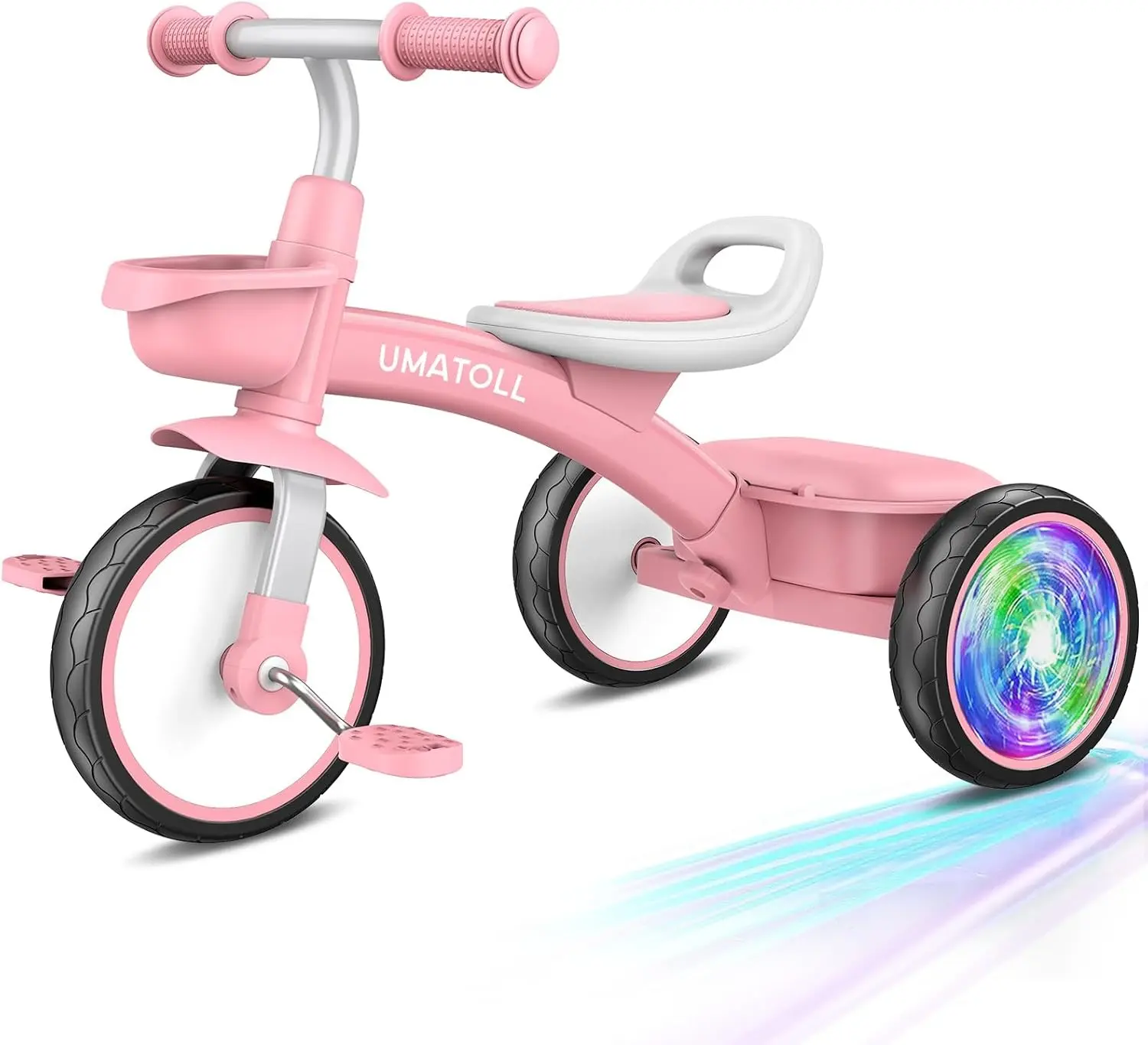 Umatoll Toddler Tricycle for 18 Months to 4 Years Old, Gift for Ages 2-3 | No-Battery Glow Wheels, Dual Storage Baskets, Forward-Backward Adjustable Seat