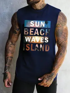 Men's Sun & Letter Print Tank Top, Regular Fit Casual Sleeveless Top for Summer, Men's Clothes for Beach Vacation, Menswear
